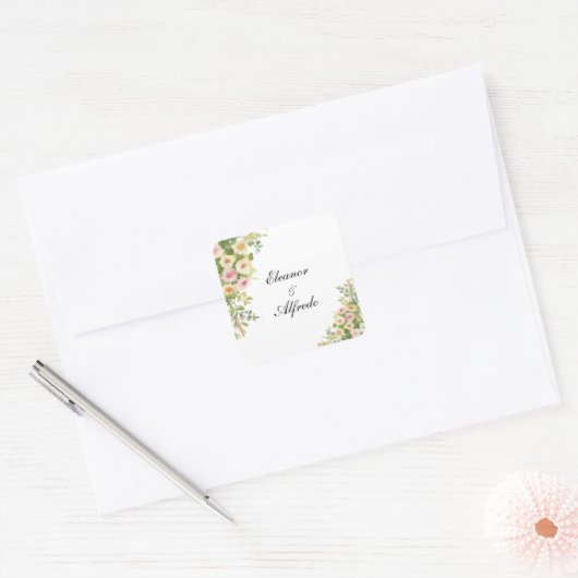 Watercolor Roos Bruiloft Vierkante Sticker (Envelop)