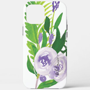 Watercolor Roos Groene Paarse Script Naam iPhone 12 Pro Max Hoesje
