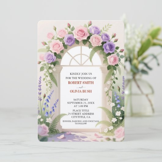 Watercolor Rose Arch Fairytale Wedding Invitation Kaart (Staand voorkant)