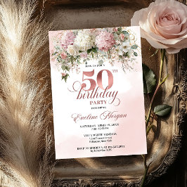 Watercolor Rose Gold Floral 50th Birthday Celebrat Kaart