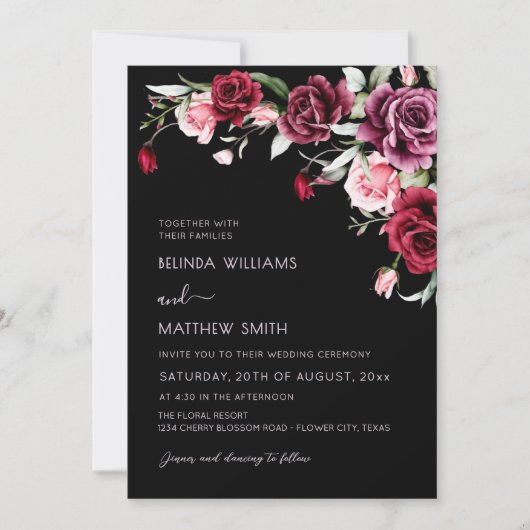 Watercolor Roses Black Background | Photo Wedding Kaart (Voorkant)
