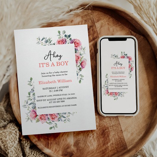 Watercolor Roses & Eucalyptus Baby Shower Kaart