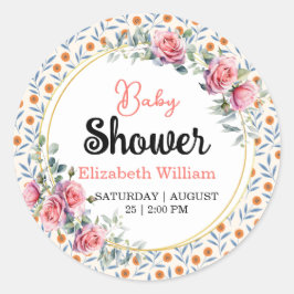Watercolor Roses & Eucalyptus Baby Shower Ronde Sticker