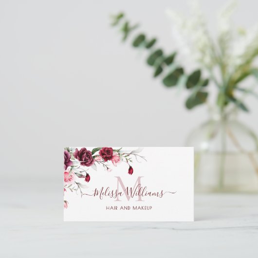 Watercolor Roses Monogram Black Visitekaartje (Staand voorkant)