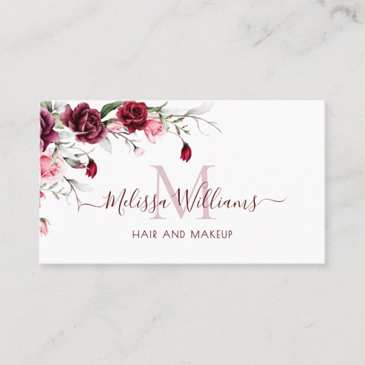 Watercolor Roses Monogram Black Visitekaartje (Voorkant)