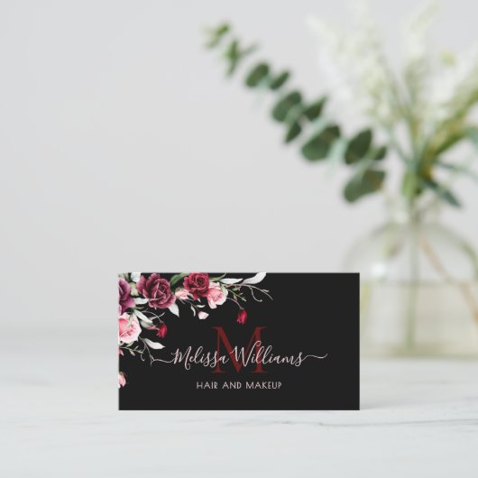 Watercolor Roses Monogram Black Visitekaartje (Staand voorkant)