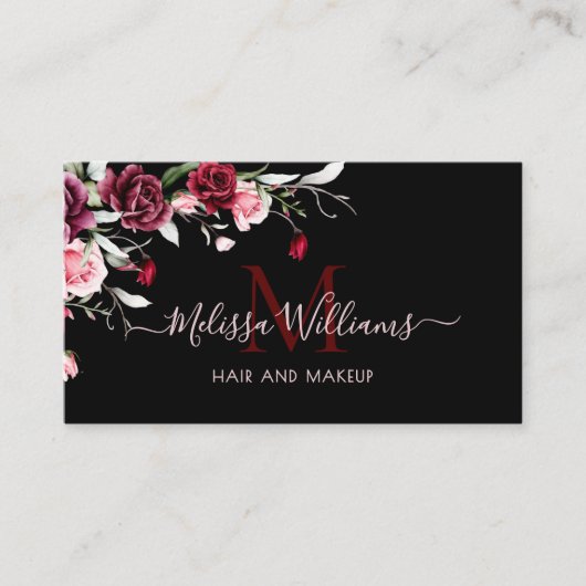 Watercolor Roses Monogram Black Visitekaartje (Voorkant)