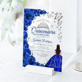 Watercolor Royal Blue Roses Silver Quinceanera Acryl Uitnodigingen