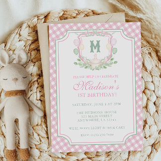 Watercolor Roze 1e Verjaardag Monogram Wapen Feest Kaart