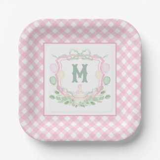 Watercolor Roze 1e Verjaardag Monogram Wapenschild Papieren Bordje