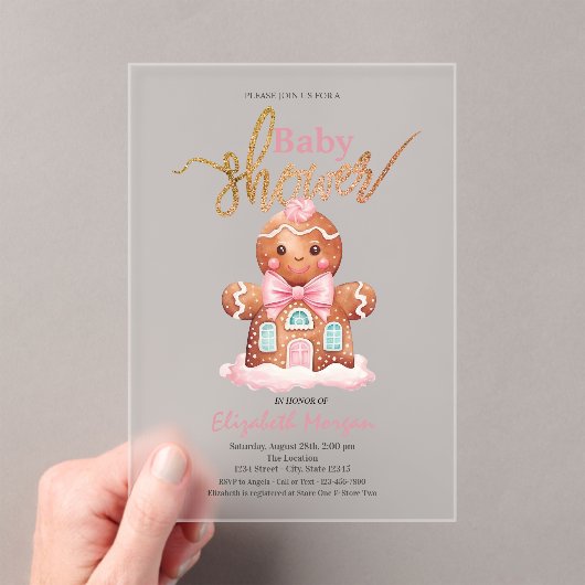 Watercolor Roze Baby Shower Gingerbread Acryl Uitnodigingen (Insitu (Draagbaar))