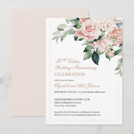Watercolor Roze Bloemen 50ste Trouwdag  Kaart (Voorkant / Achterkant)