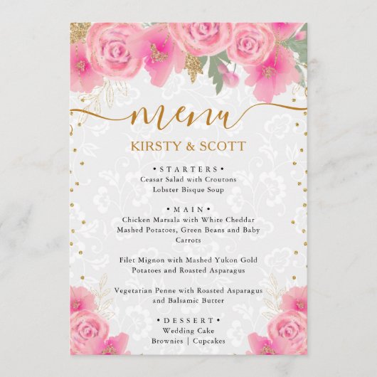 Watercolor Roze Bloemen Bruiloft  Menu (Voorkant)
