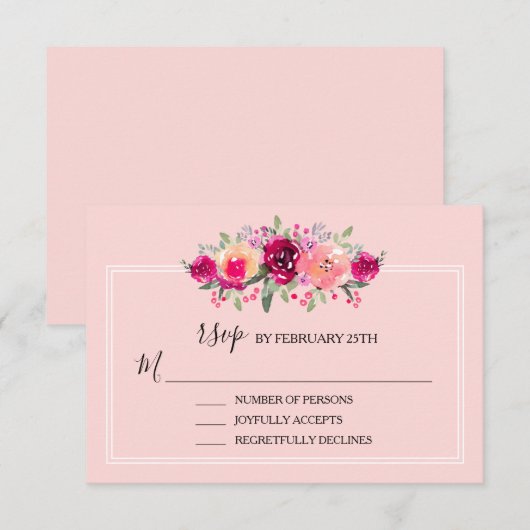 Watercolor Roze Bloemen Bruiloft RSVP Kaartje (Voorkant / Achterkant)