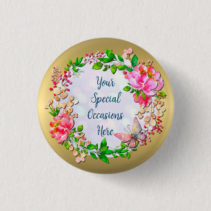 Watercolor Roze Bloemen en Vlinder Lente Deken Ronde Button 3,2 Cm