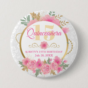Watercolor Roze Bloemen & Goud Folie Quinceañera Ronde Button 7,6 Cm