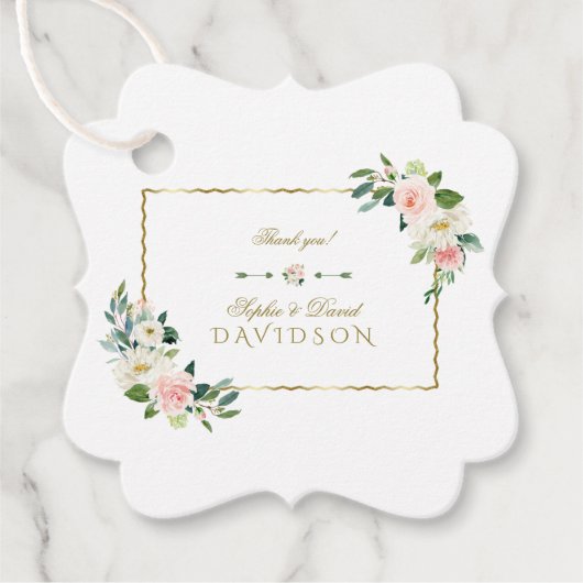 Watercolor Roze Bloemen Goud Navy Bruiloft Bedankjes Labels (Voorkant)
