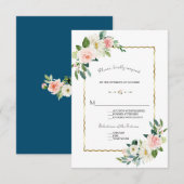 Watercolor Roze Bloemen Goud Navy Bruiloft RSVP Kaartje (Voorkant / Achterkant)