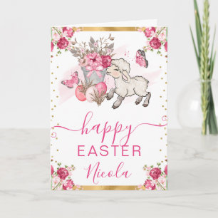 Watercolor Roze Bloemen Lam Gelukkig Pasen Kaart
