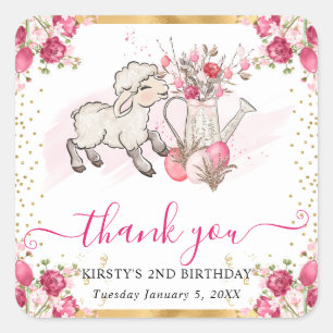 Watercolor Roze Bloemen Lente Lam Verjaardag Vierkante Sticker