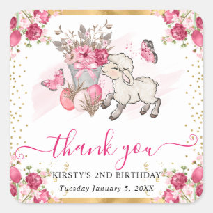 Watercolor Roze Bloemen Lente Lam Verjaardag Vierkante Sticker