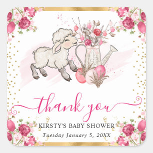 Watercolor Roze Bloemen Lente Lammetje Baby Shower Vierkante Sticker