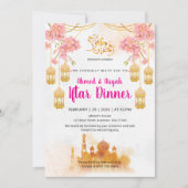 Watercolor Roze Bloemen & Moskee Iftar-diner Kaart (Voorkant)