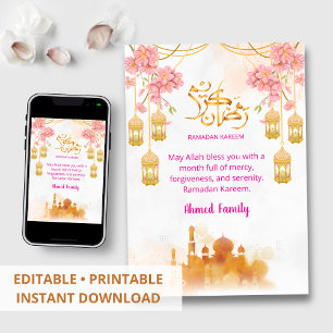 Watercolor Roze Bloemen & Moskee Iftar-diner Kaart