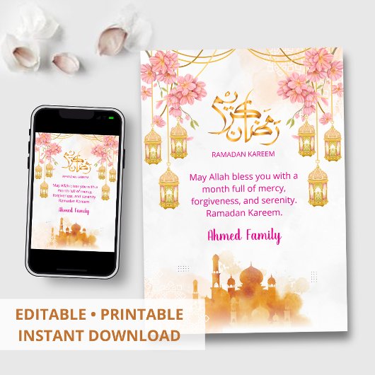 Watercolor Roze Bloemen & Moskee Iftar-diner Kaart