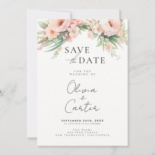 Watercolor Roze Bloemen Trouwkaart Save The Date (Voorkant)