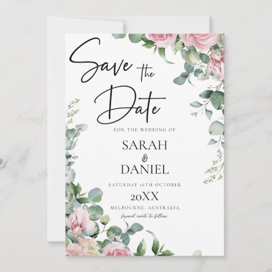 Watercolor Roze Bloemige Bruiloft Save The Date (Voorkant)