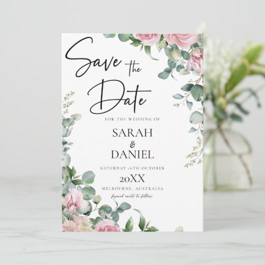 Watercolor Roze Bloemige Bruiloft Save The Date (Staand voorkant)