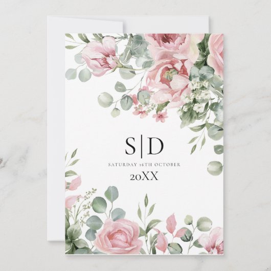 Watercolor Roze Bloemige Bruiloft Save The Date (Achterkant)