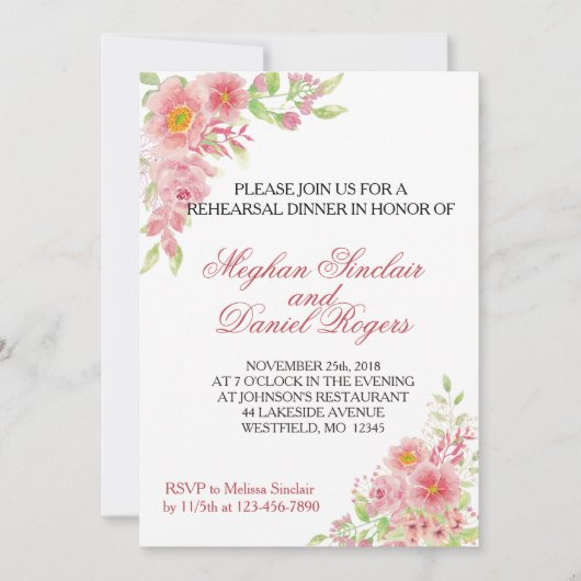 Watercolor Roze Bloemige Oefen Diner Uitnodigingen (Voorkant)