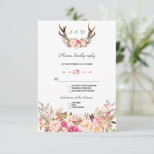 Watercolor Roze Blos Antilles Trouw RSVP (Staand voorkant)