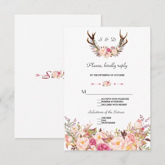 Watercolor Roze Blos Antilles Trouw RSVP (Voorkant / Achterkant)