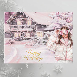 Watercolor Roze Blush Ski Chalet Prettig Vieren Feestdagenkaart