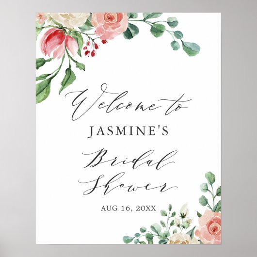 Watercolor Roze Bruiloft Feest Welkomstbord Poster (Voorkant)