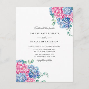 Watercolor Roze en Blauwe Hortensia Huwelijks RSVP Uitnodiging Briefkaart