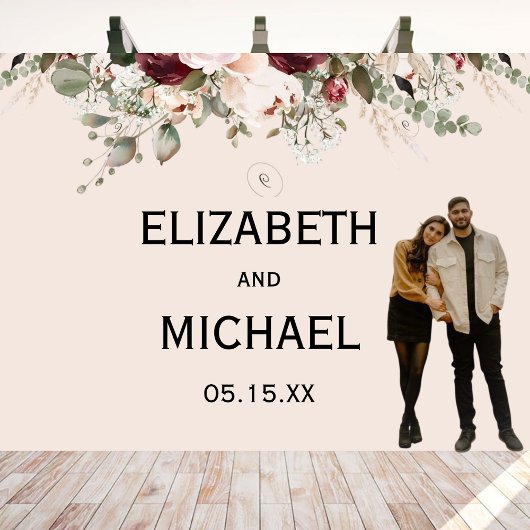 Watercolor Roze en Bordeaux Bloemige Bruiloft Wandkleed