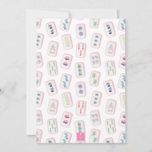 Watercolor Roze en Groene Mahjong Tegels Feestje Kaart (Achterkant)