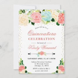 Watercolor Roze en Mint Bloemen Quinceanera Kaart