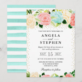 Watercolor Roze en Mint Kleur Bloemen Bruiloft Kaart