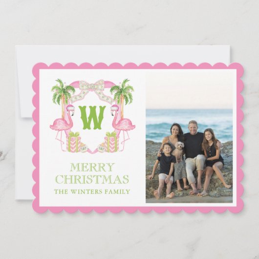 Watercolor Roze Flamingo Kerst Monogram Wapen Feestdagenkaart (Voorkant)