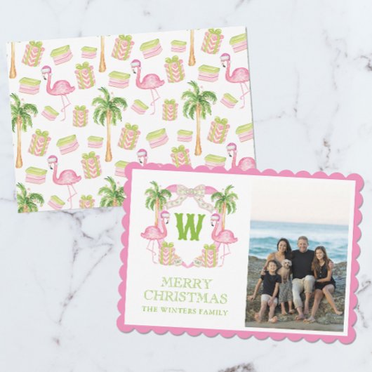 Watercolor Roze Flamingo Kerst Monogram Wapen Feestdagenkaart