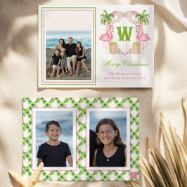 Watercolor Roze Flamingo Monogram Wapen Foto Feestdagenkaart