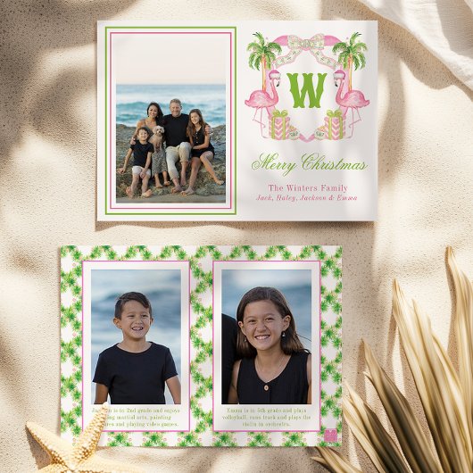 Watercolor Roze Flamingo Monogram Wapen Foto Feestdagenkaart