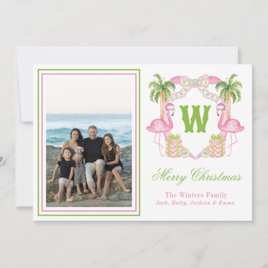 Watercolor Roze Flamingo Monogram Wapenschild Foto Feestdagenkaart (Voorkant)