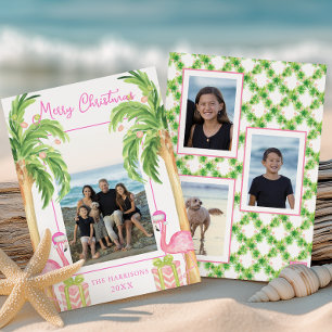 Watercolor Roze Flamingo Strand Kerst Foto Feestdagenkaart