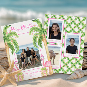 Watercolor Roze Flamingo Strand Kerst Foto Feestdagenkaart